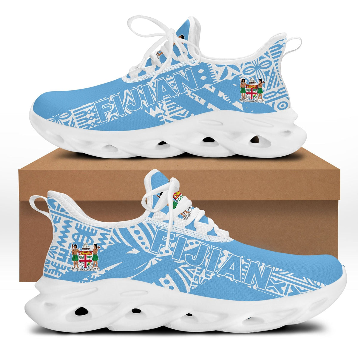 Blue Polynesian print clunky sport sneaker with white sole, lace-up and side logo detail