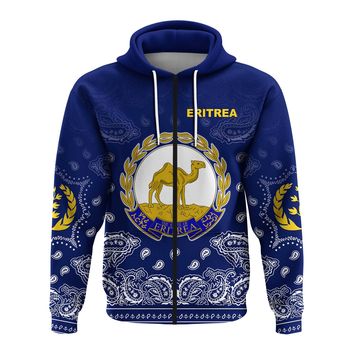 Blue zip hoodie with ERITREA crest and paisley pattern, front