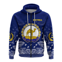 Blue zip hoodie with ERITREA crest and paisley pattern, front