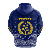 Blue zip hoodie back with ERITREA tree-and-laurel crest, paisley border
