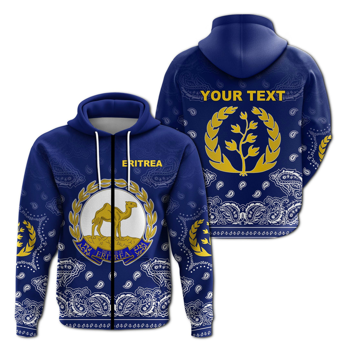 Blue zip hoodie with Eritrea camel emblem, laurel and paisley; front zipper, hood