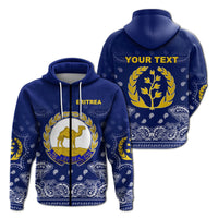 Blue zip hoodie with Eritrea camel emblem, laurel and paisley; front zipper, hood