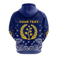 Blue zip hoodie back with 'YOUR TEXT' and laurel tree on paisley pattern