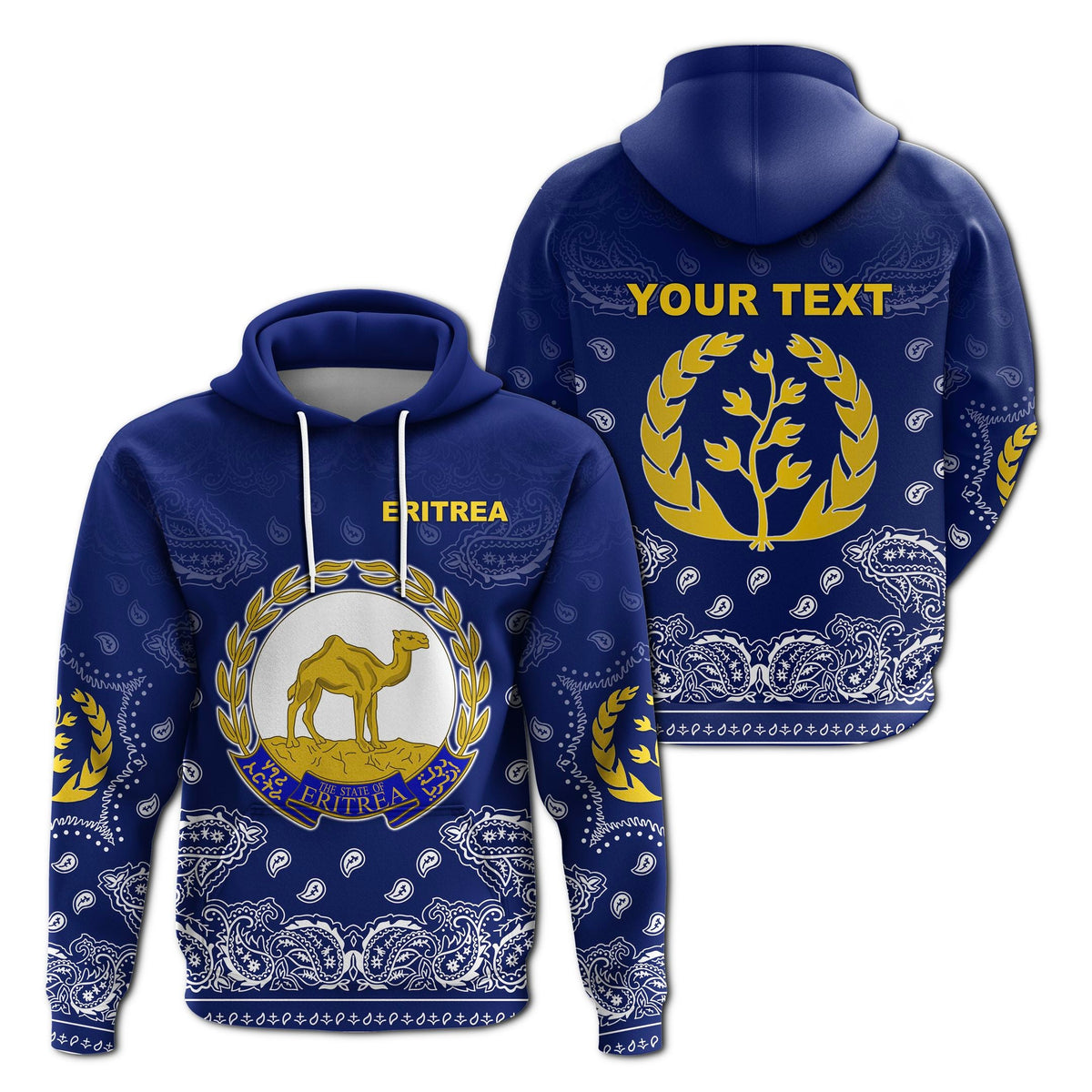 Blue pullover hoodie with ERITREA camel crest and laurel paisley pattern
