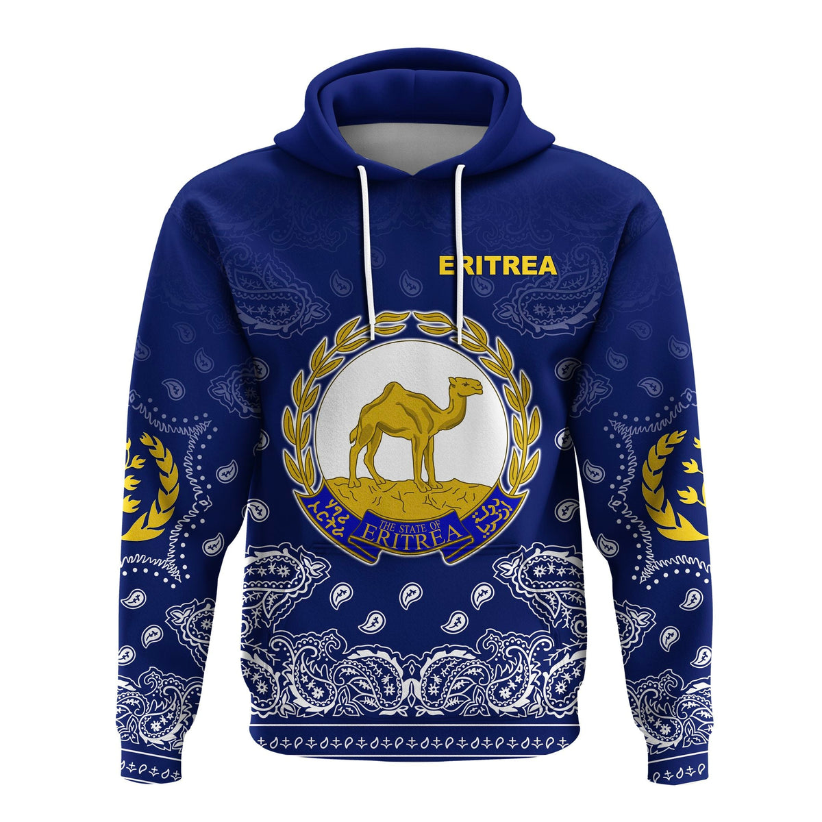 Blue pullover hoodie with ERITREA text, camel crest, and blue-and-white paisley border