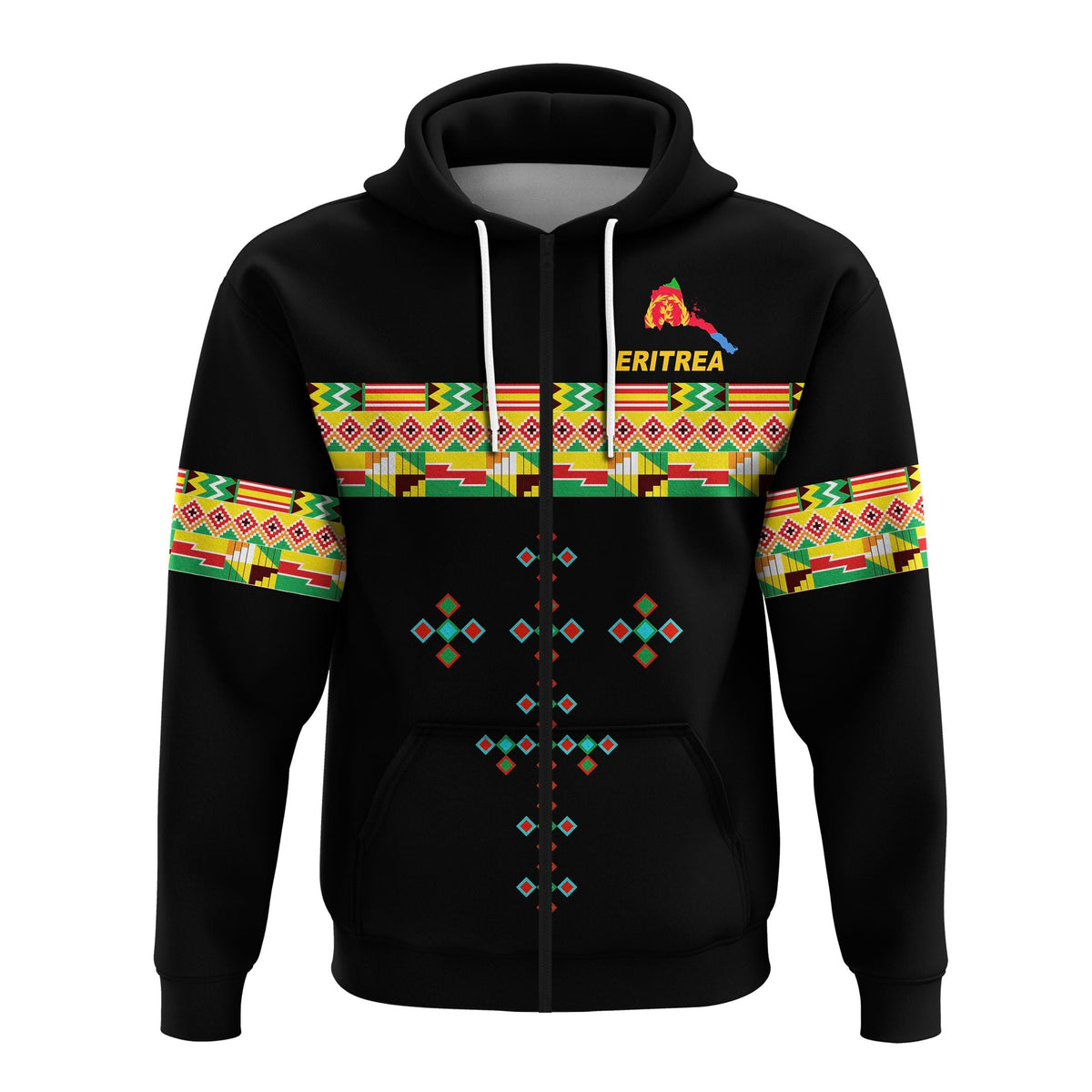 Schwarzer Zip-Hoodie mit Eritrea-Logo über der Brust und farbigem Ornamentband
