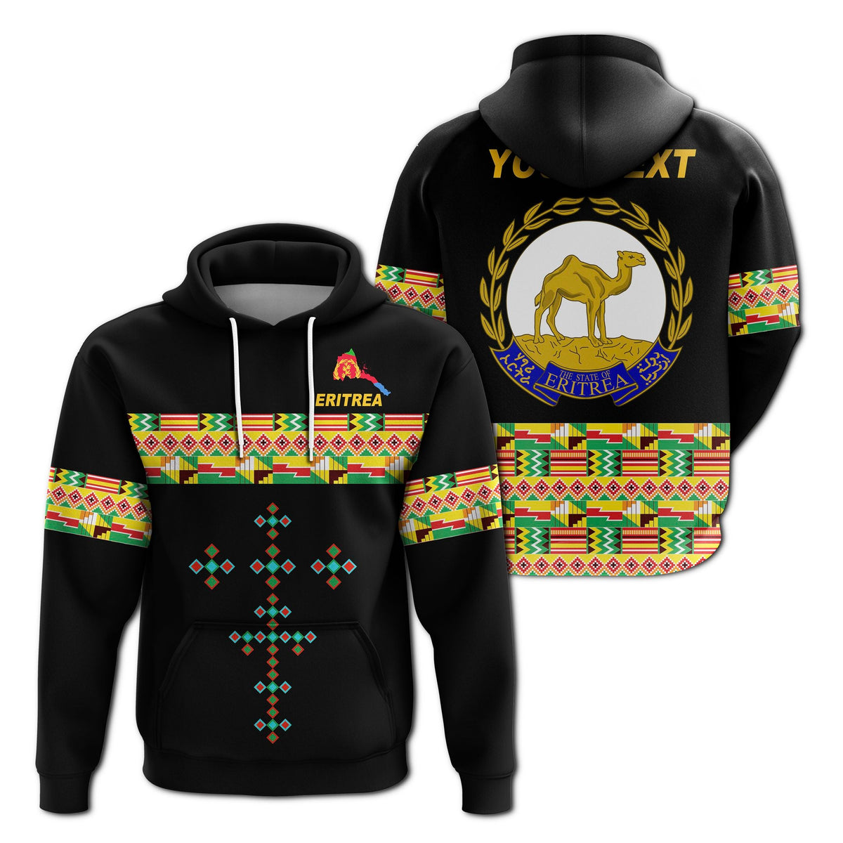 Black pullover hoodie with colorful Eritrea cross pattern, “ERITREA” and front pocket