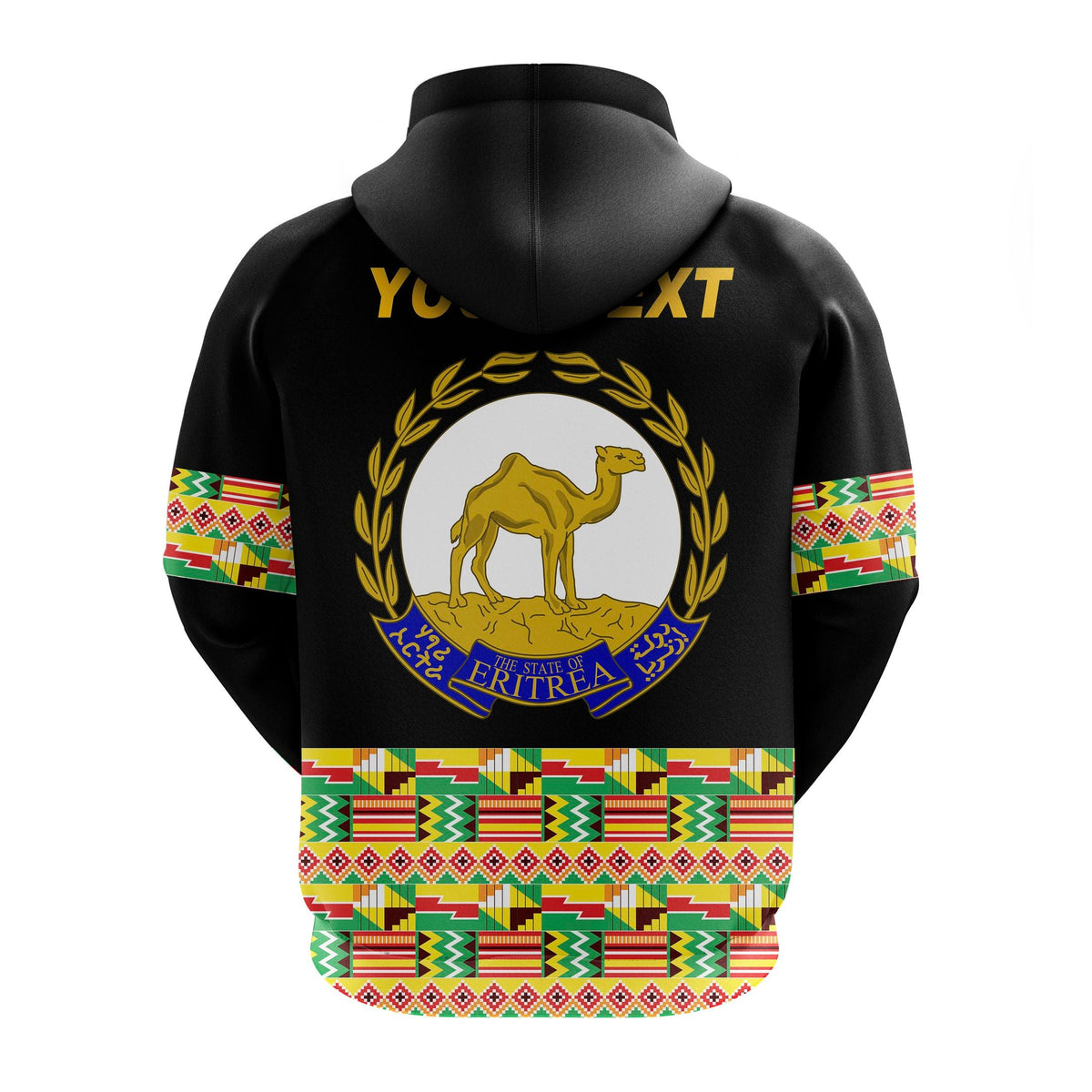 Black hoodie back view with laurel crest, camel emblem, and Eritrea patterned hem