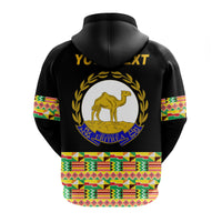 Black hoodie back view with laurel crest, camel emblem, and Eritrea patterned hem