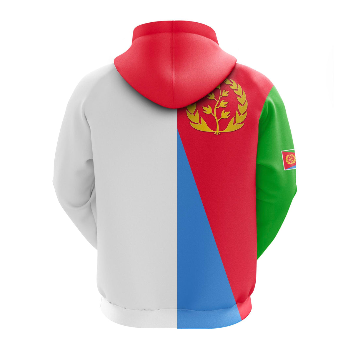 Zip hoodie back view with Eritrea flag colorblock panel and hood