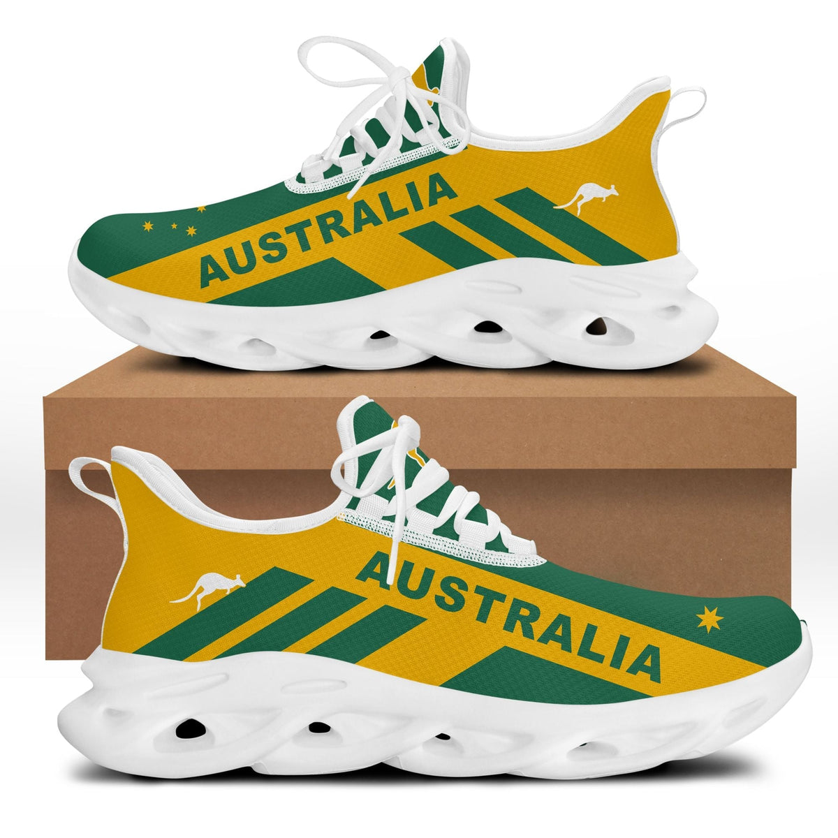 Australia flag clunky sneakers, green and yellow upper, white chunky sole