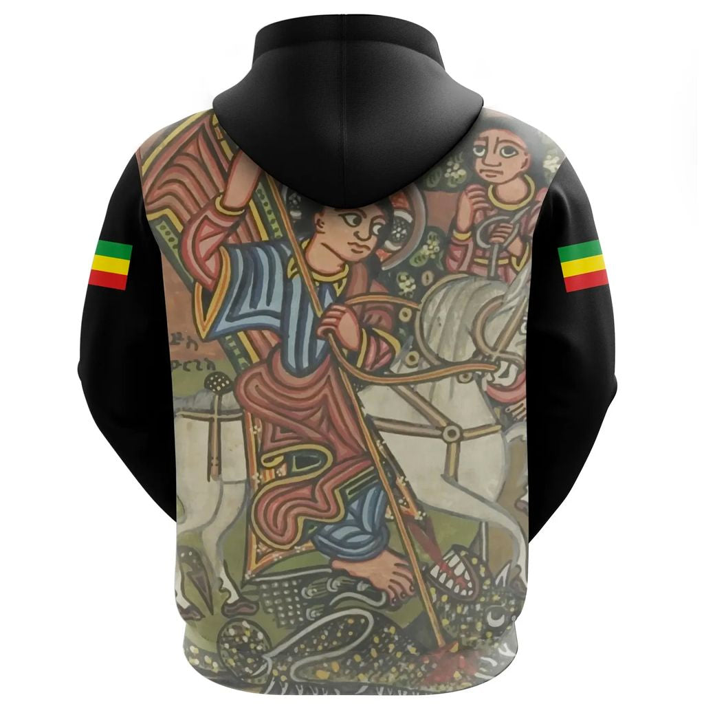 Black pullover hoodie back view with hood; colorful biblical manuscript graphic art panels