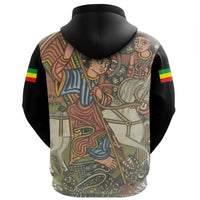 Black pullover hoodie back view with hood; colorful biblical manuscript graphic art panels