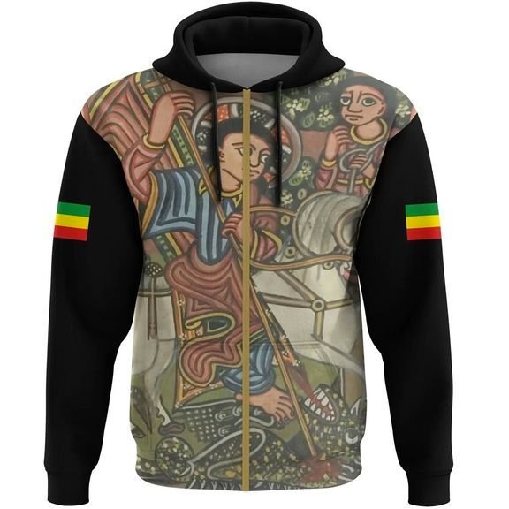 Black zip hoodie with colorful ancient manuscript-style front print and hood