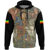 Black zip hoodie with colorful ancient manuscript-style front print and hood