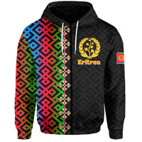Black zip hoodie with Eritrea crest and colorful geometric flag graphic on front