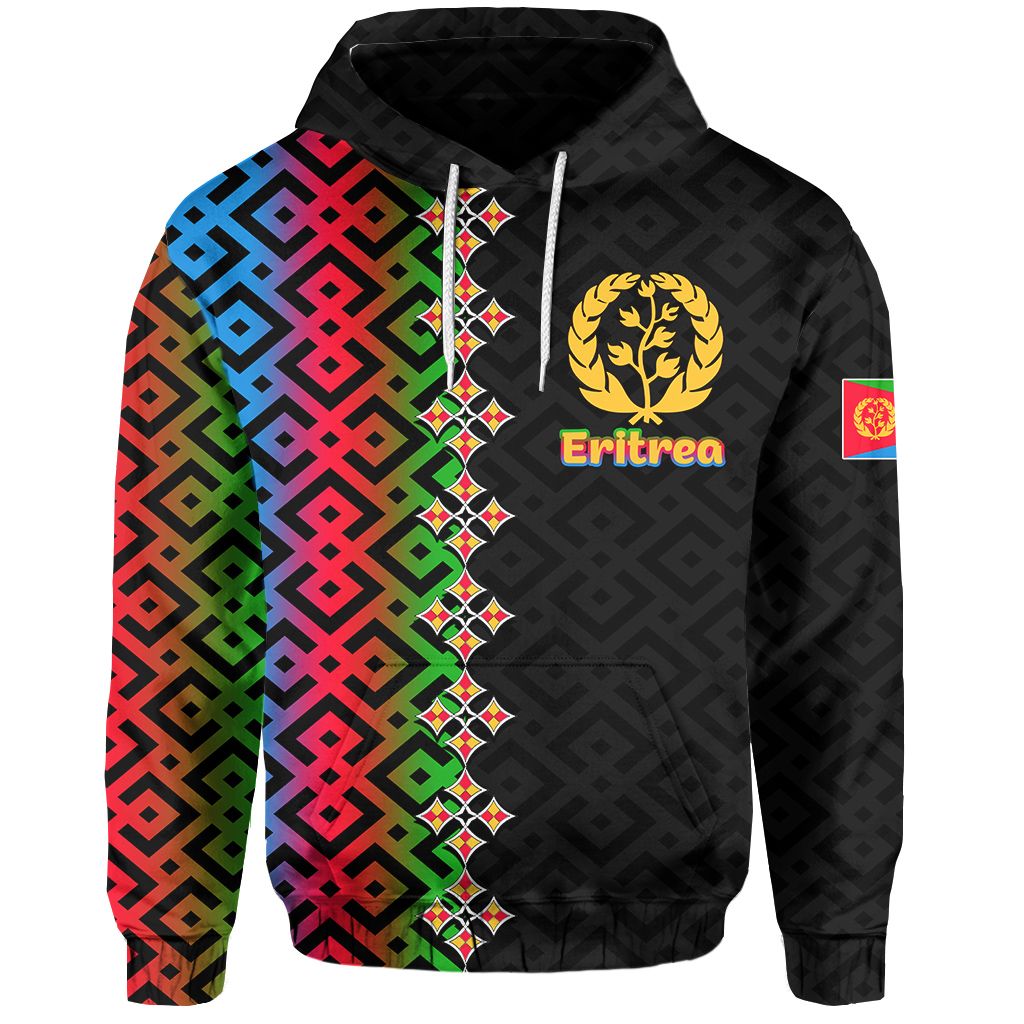 Eritrea flag gradient pullover hoodie, black with colorful geometric front print and hood