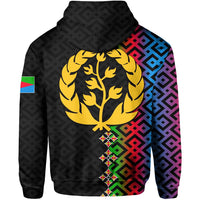Eritrea flag gradient pullover hoodie, black with gold lion emblem and colorful back graphic