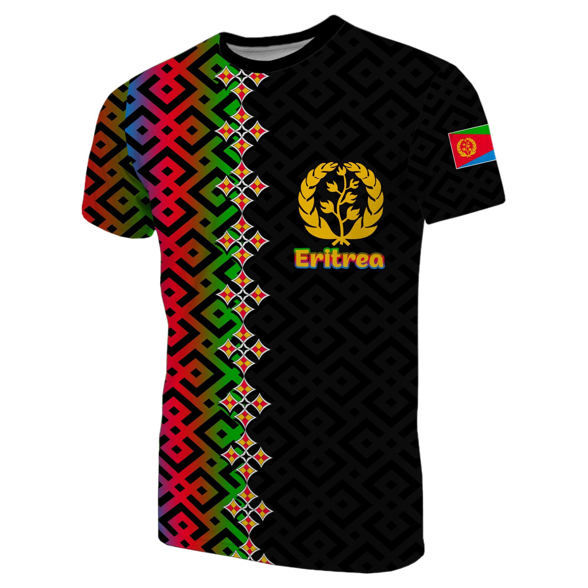 Black T-shirt with Eritrea flag gradient front graphic, lion crest and cross motifs