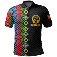Eritrea gradient color polo shirt, black with geometric pattern, crest and Eritrea text