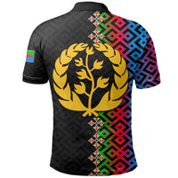 Eritrea gradient color polo shirt, black back with lion crest and colorful geometric bands