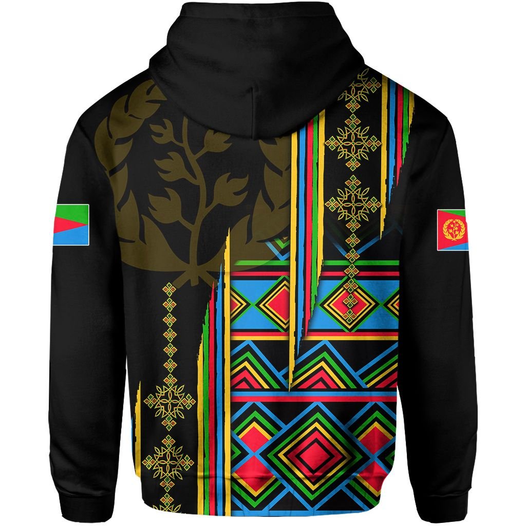 Black zip hoodie back view with large tree emblem and colorful stripe diamond pattern