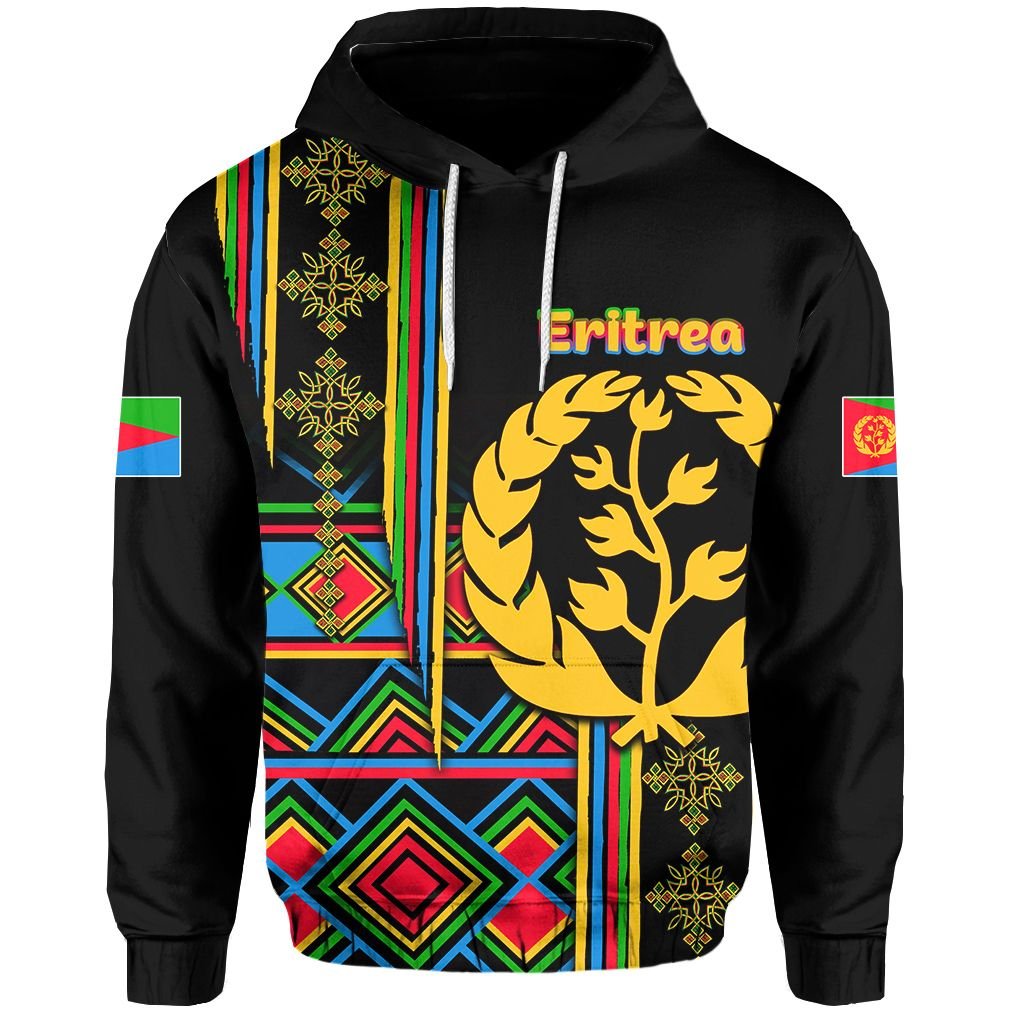 Black Eritrea zip hoodie with colorful vertical stripe and eagle tree graphic, hood and zipper