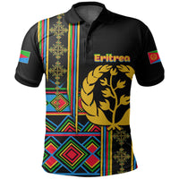 Black Eritrea polo shirt with tree crest, colorful stripes, and geometric panel print