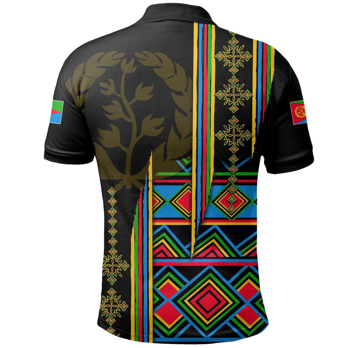 Black back of Eritrea polo shirt with large tree graphic, stripes, and geometric diamond print
