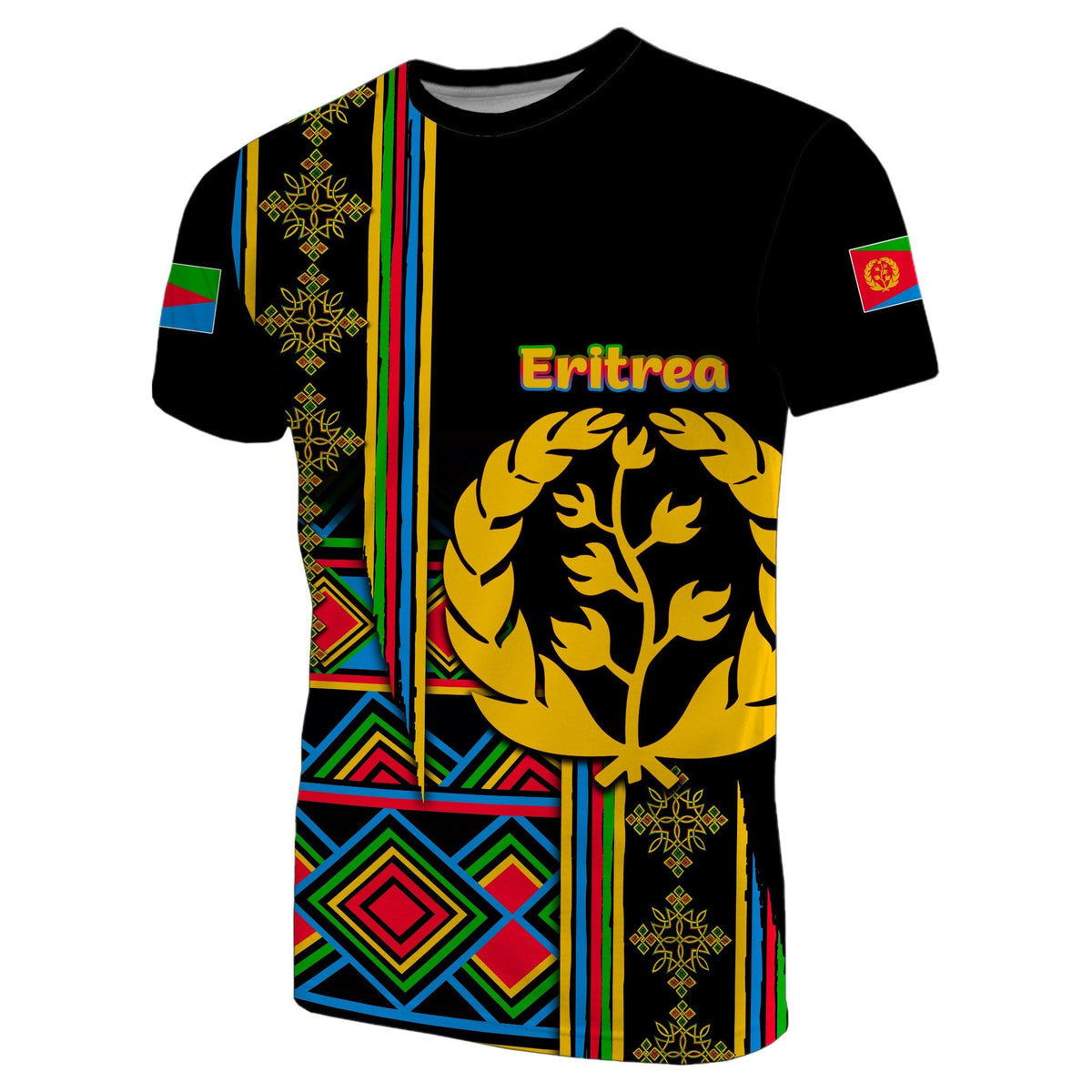 Black Eritrea T-shirt with tree emblem front graphic and multicolor geometric stripes