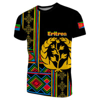 Black Eritrea T-shirt with tree emblem front graphic and multicolor geometric stripes