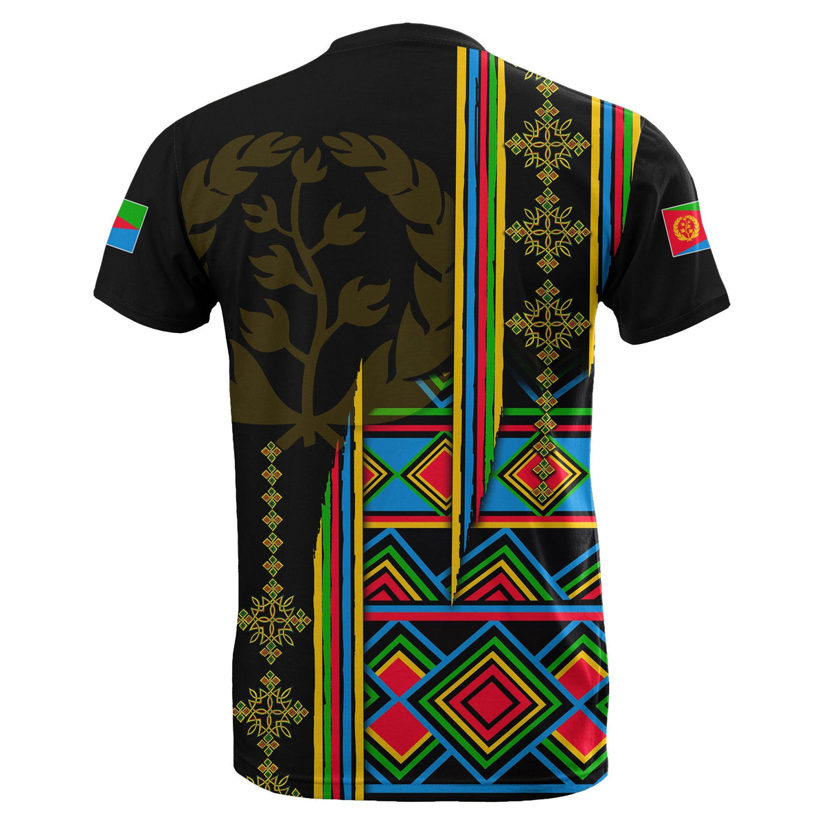 Black Eritrea T-shirt back with large tree emblem, vertical stripe panel and patterns
