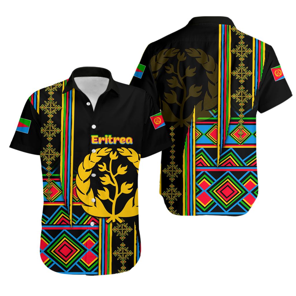 Black Hawaiian button-up shirt with Eritrea graphic, tree motif, and colorful stripe panels.