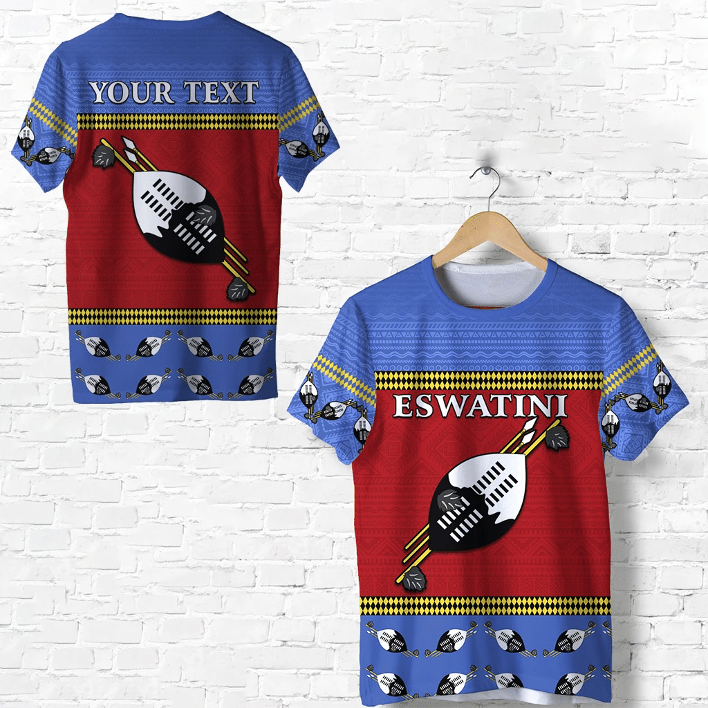 Eswatini T-shirt blue back: "YOUR TEXT" and shield emblem, flag stripes.