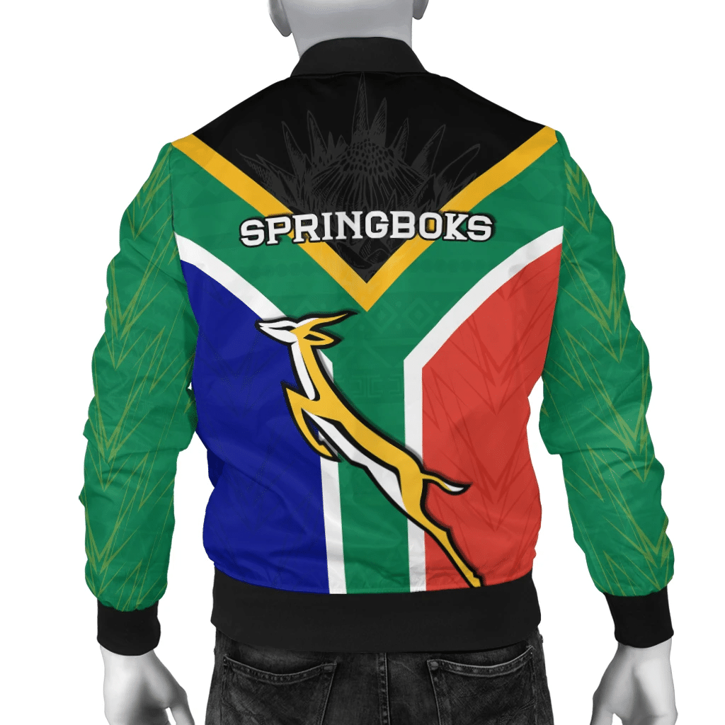 Back view bomber jacket: green, blue, red panels with SPRINGBOKS text and logo