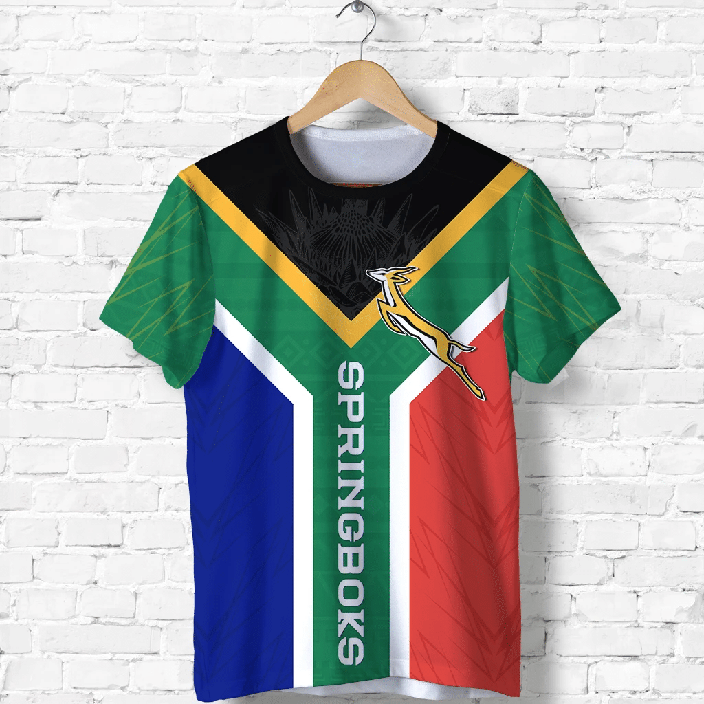Green South Africa rugby T-shirt with multicolor stripes and Springboks emblem