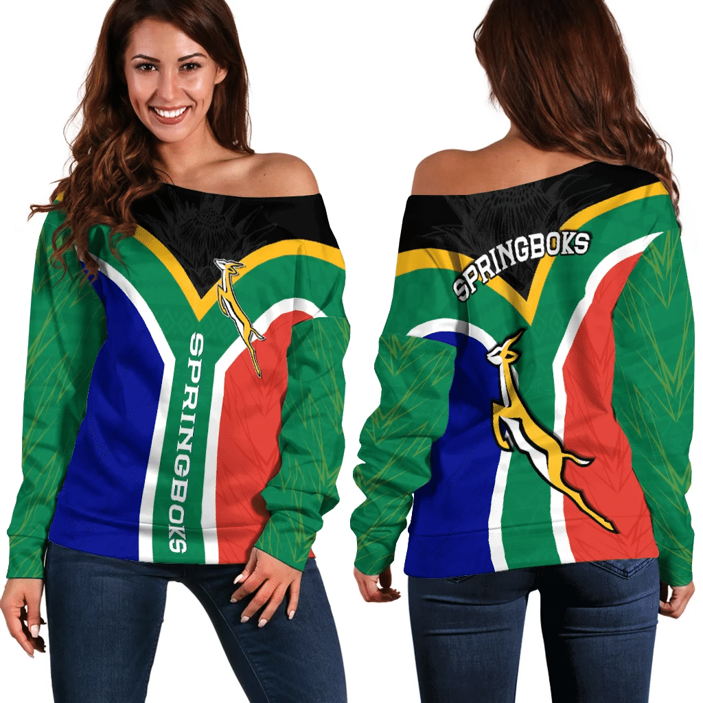 Women’s off-shoulder sweater with Springboks graphic, green/blue/red panels