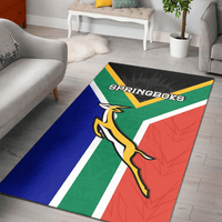 Springboks area rug with green, blue, and red geometric panel and rugby emblem