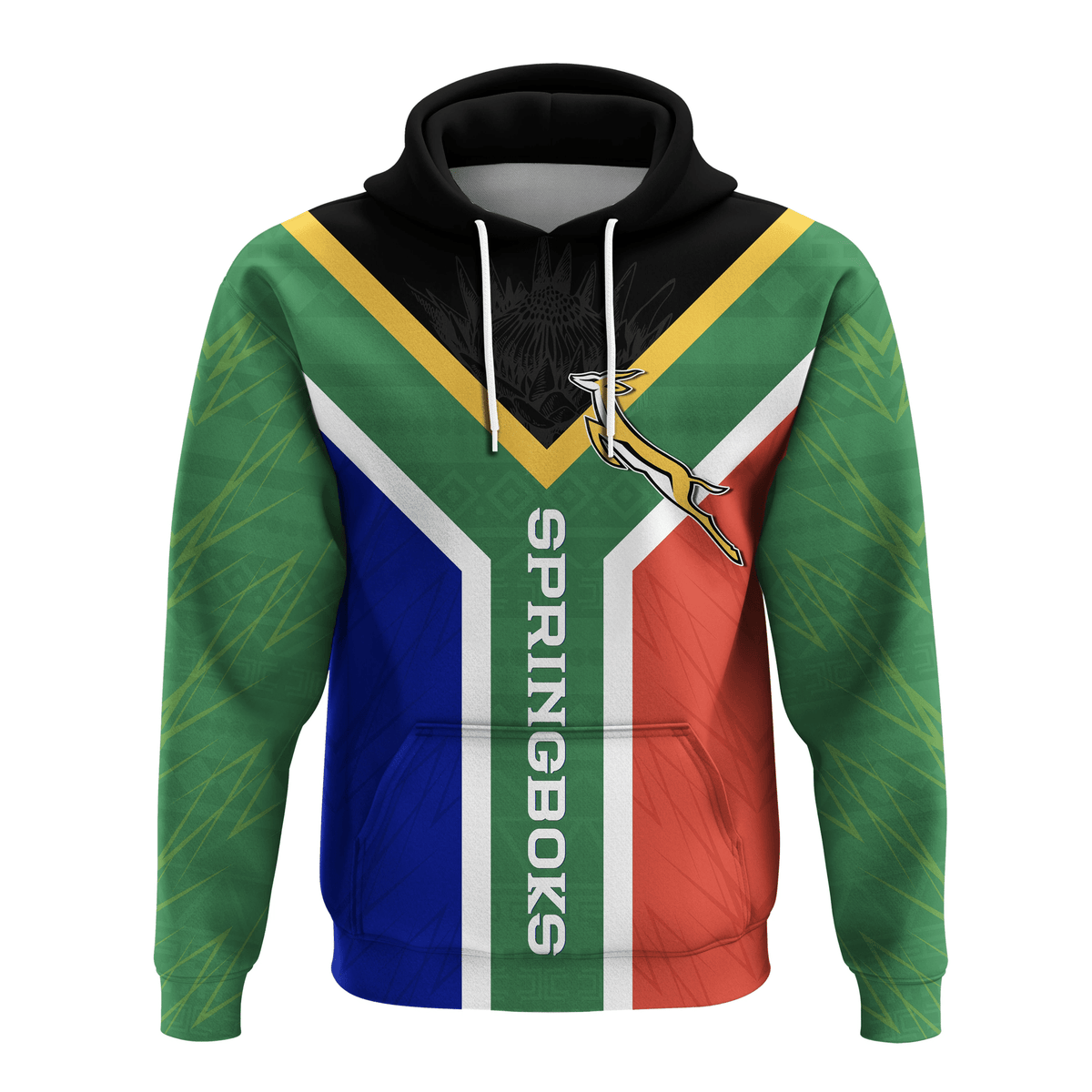 Green tricolor pullover hoodie with hood and white drawstrings, front Springboks logo
