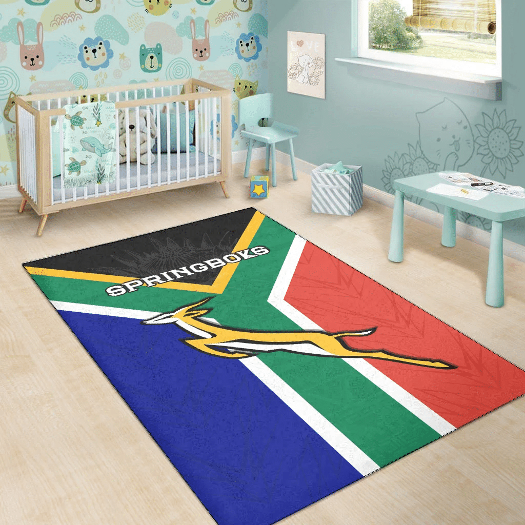 Kids area rug featuring Springboks logo and green-blue-red diagonal stripes