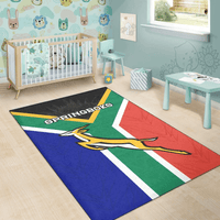 Kids area rug featuring Springboks logo and green-blue-red diagonal stripes