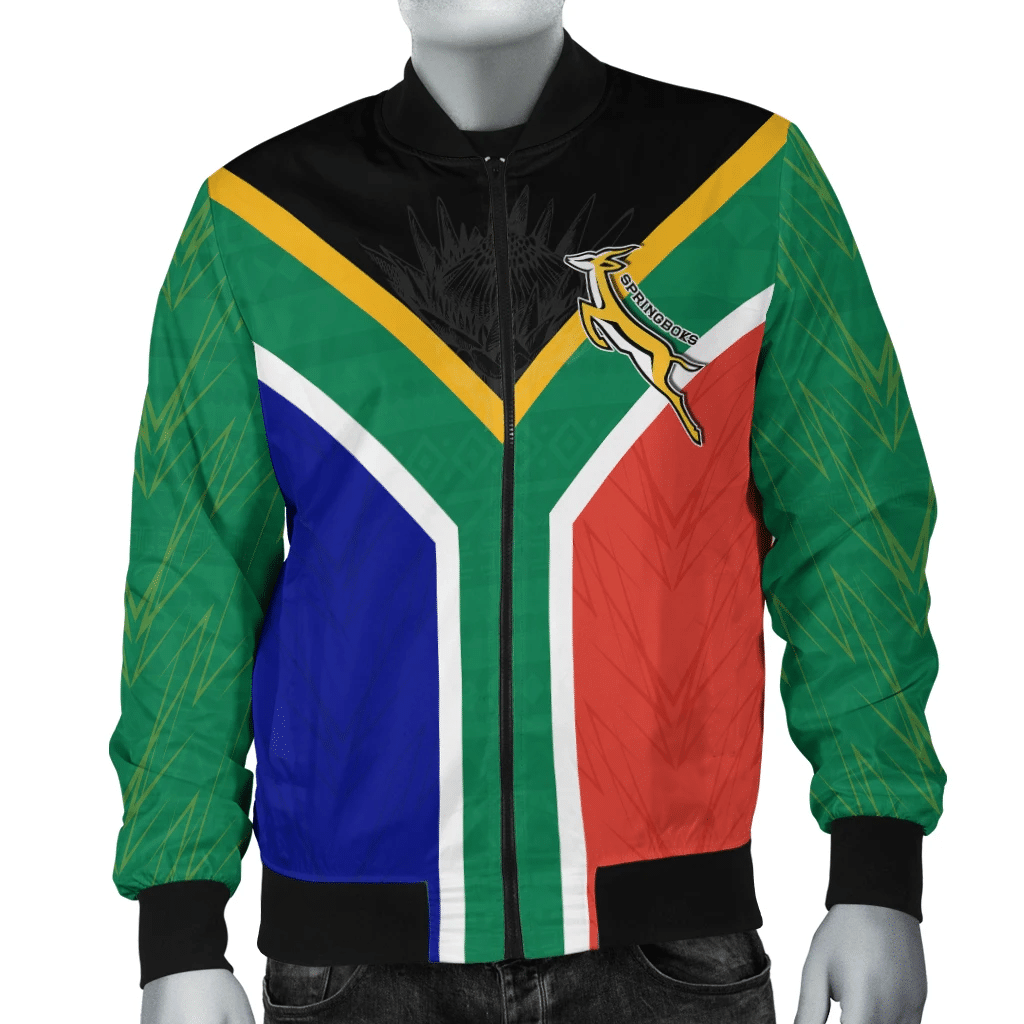 Green, blue, and red tri-panel bomber jacket with black collar and zip front