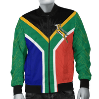 Green, blue, and red tri-panel bomber jacket with black collar and zip front