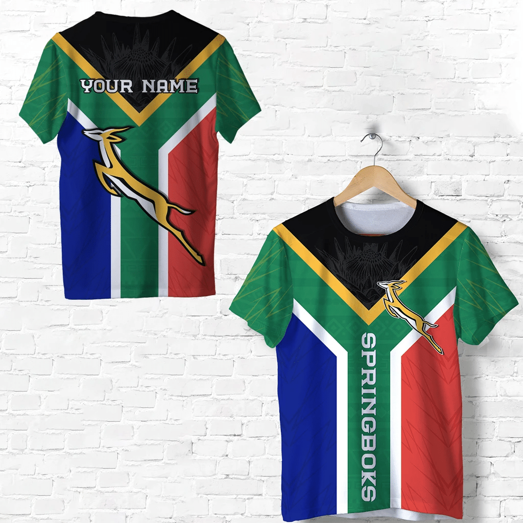 South Africa rugby T-shirt, back view: green/red/blue flag stripes with 'YOUR NAME'