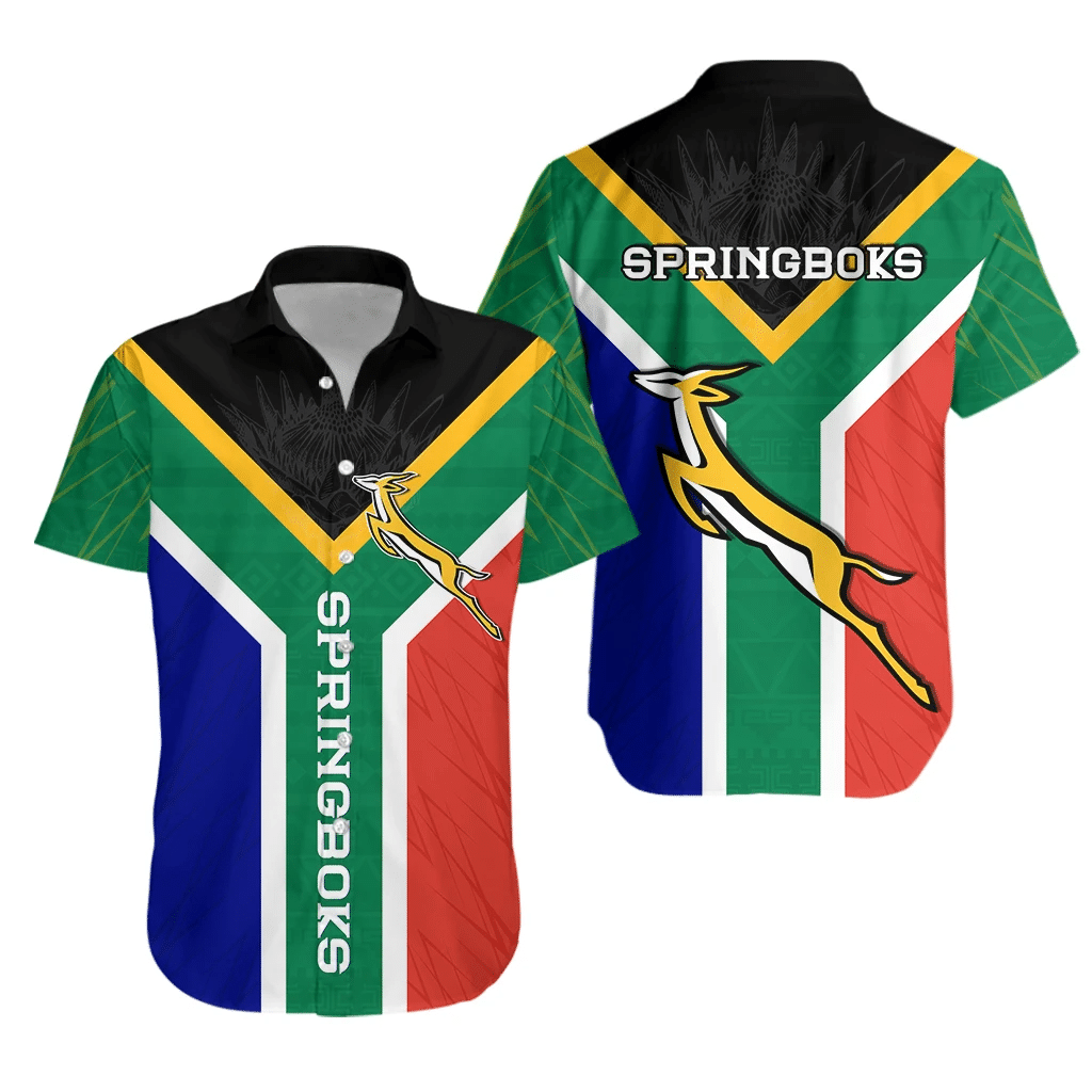 Green Hawaiian-style rugby shirt with bold tricolor stripes, team logo, short sleeves