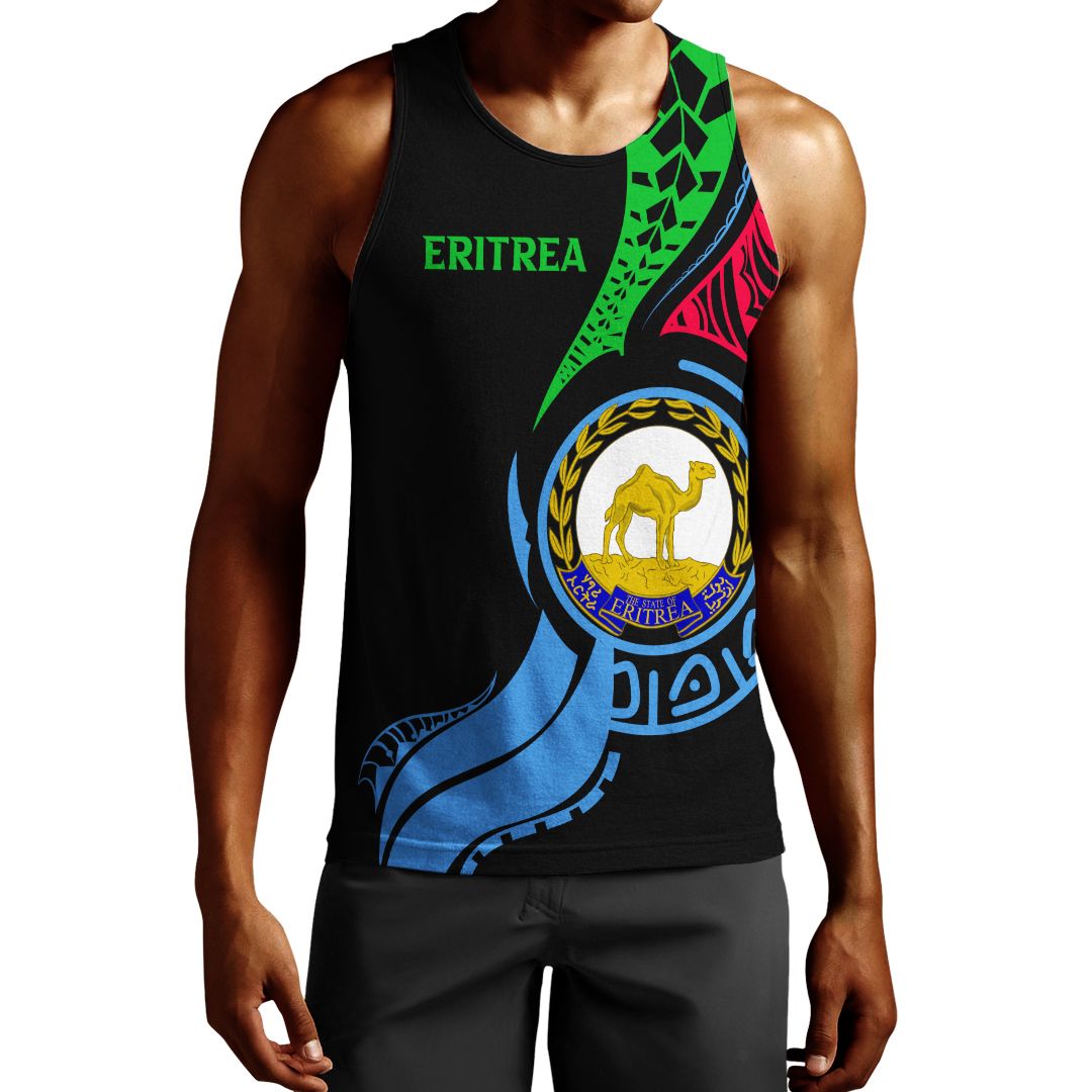 Men's black tank top with Eritrea graphic print across the front