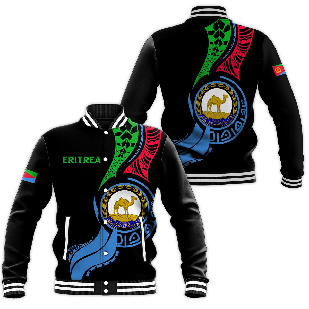 Black unisex baseball jacket with Eritrea emblem and striped ribbed collar cuffs