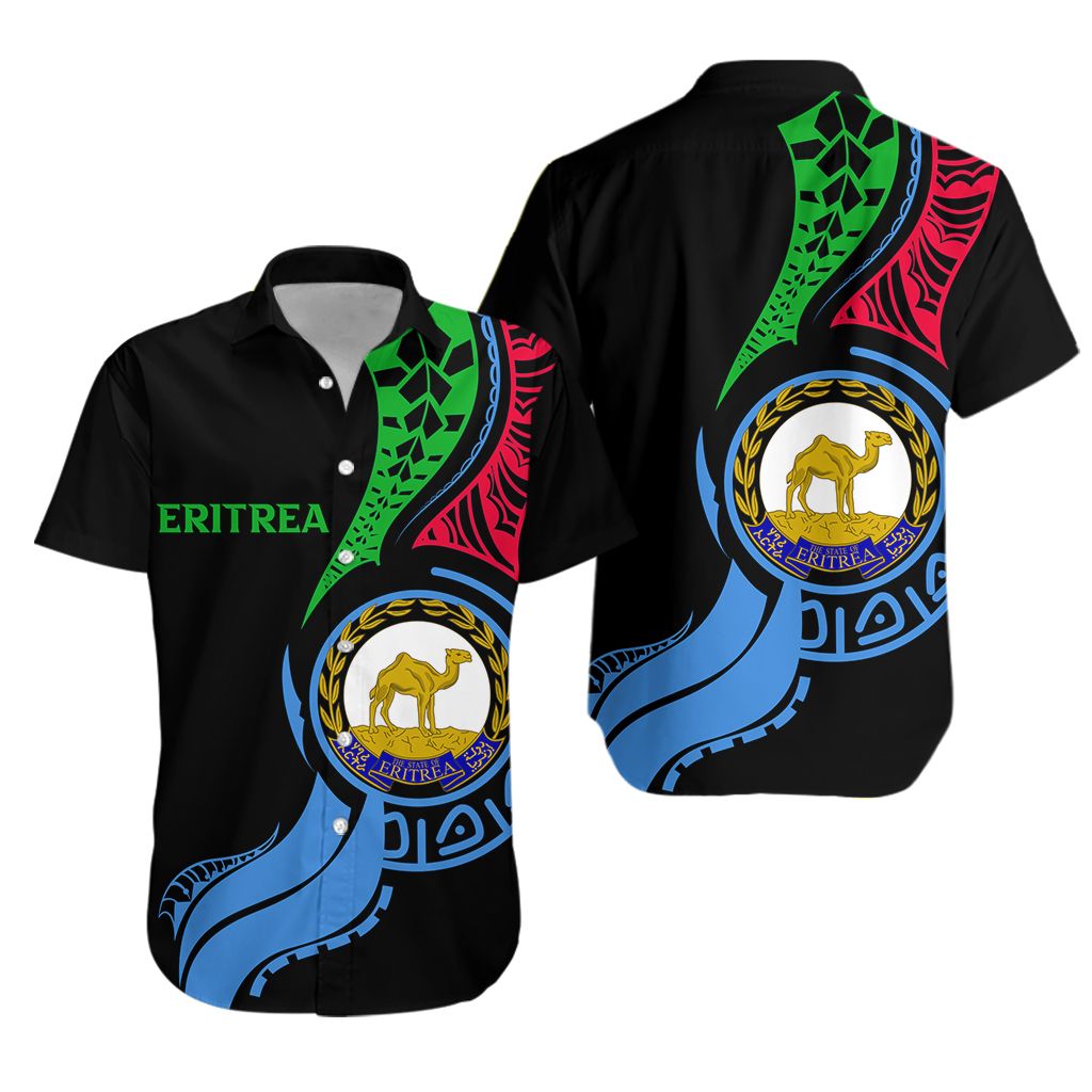 Black short-sleeve Hawaiian shirt with Eritrea crest, flag ribbon graphic, button front
