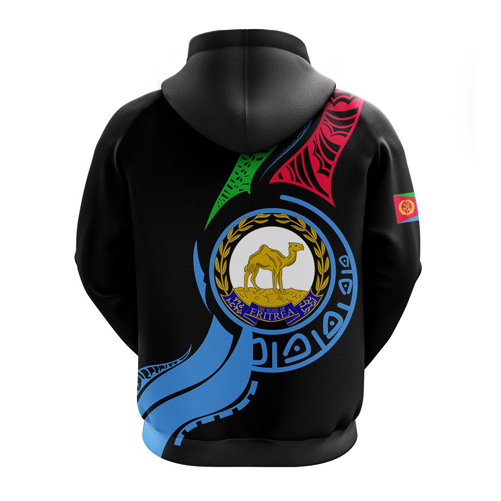 Black hoodie back with large camel crest and green, red, blue flag design