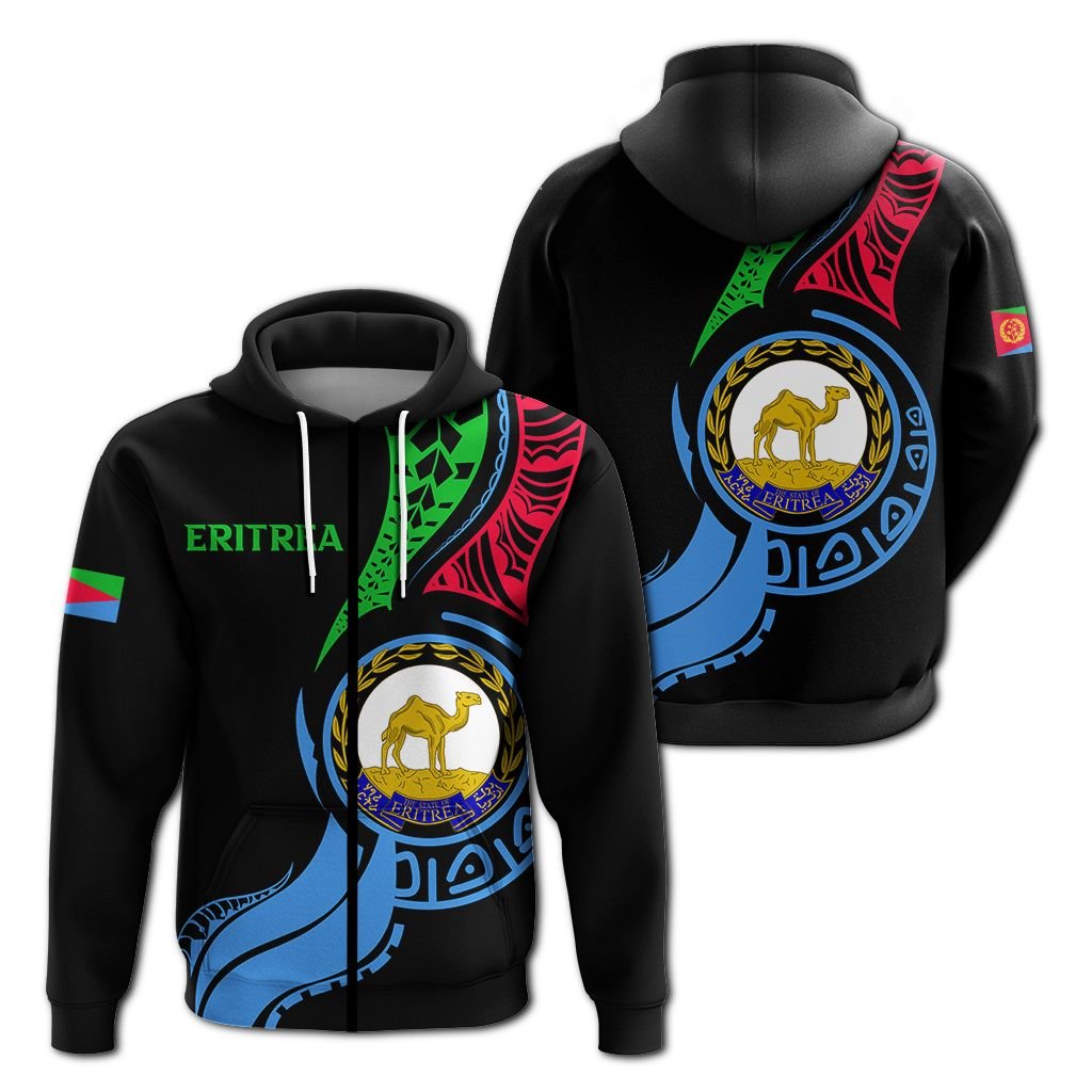 Black zip-up hoodie with Eritrea flag graphic, camel emblem and text on front.